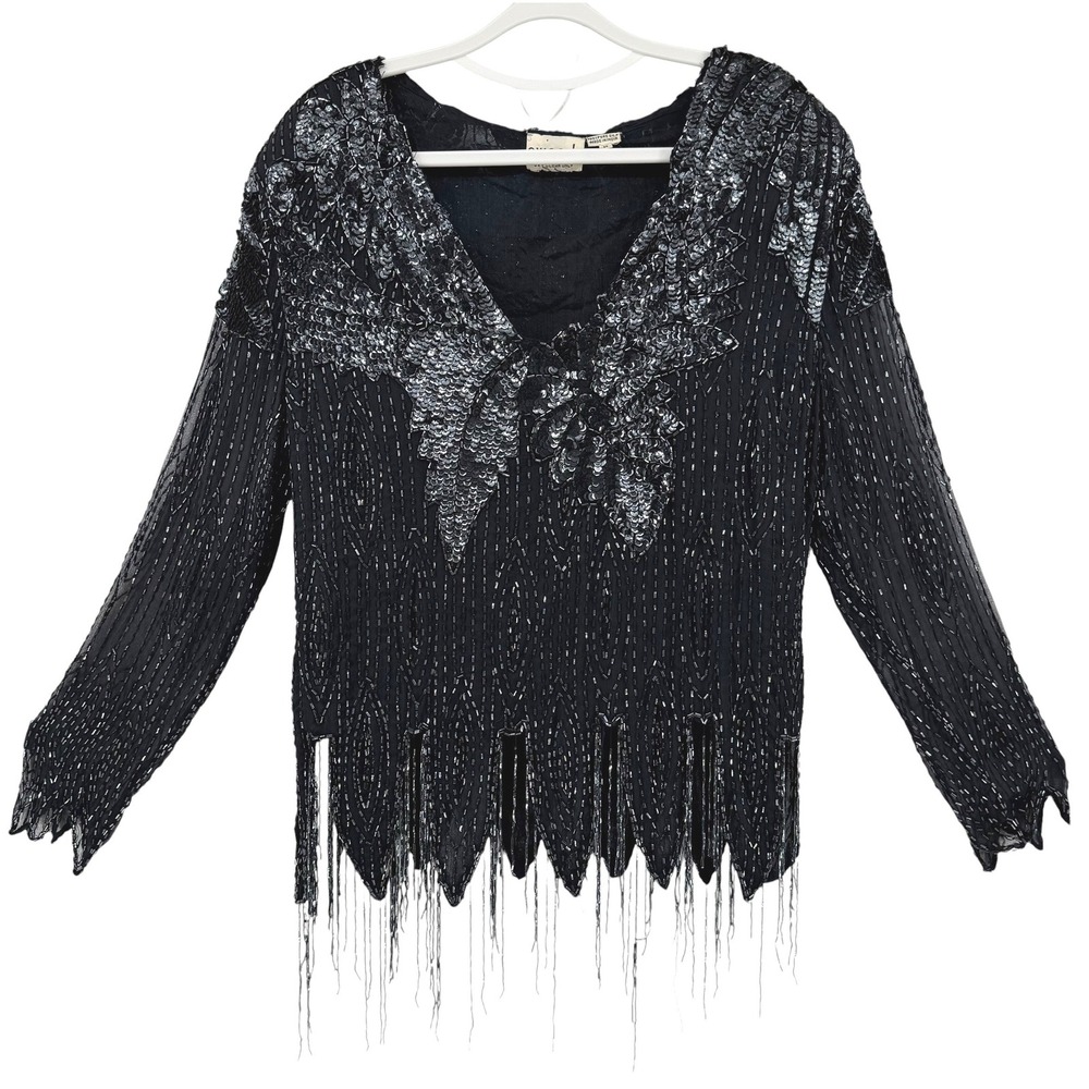 Black Silk Hand Beaded Sequin Fringe V-Neck Long Sleeve Top Vintage Medium Glam